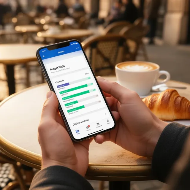 Person tracking travel expenses on their phone at a European café