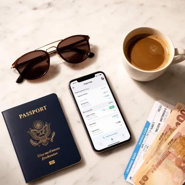 Travel essentials with a phone showing expense tracking – passport, coffee, boarding pass